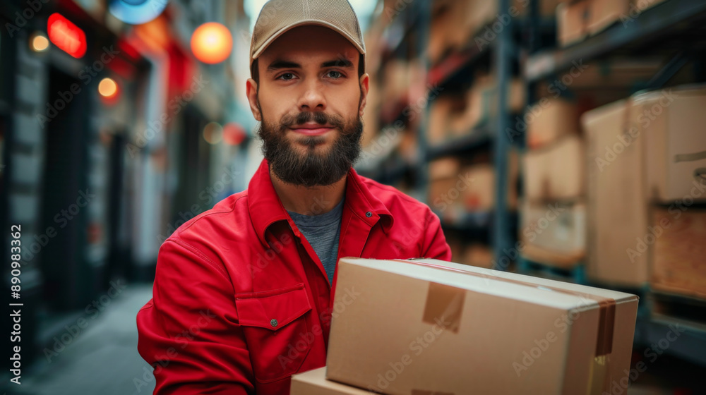 Smiling courier in a red uniform holds a parcel in a warehouse aisle, representing reliable delivery services. Smiling courier in a red uniform holds a parcel in a warehouse aisle, representing reliable delivery services.
