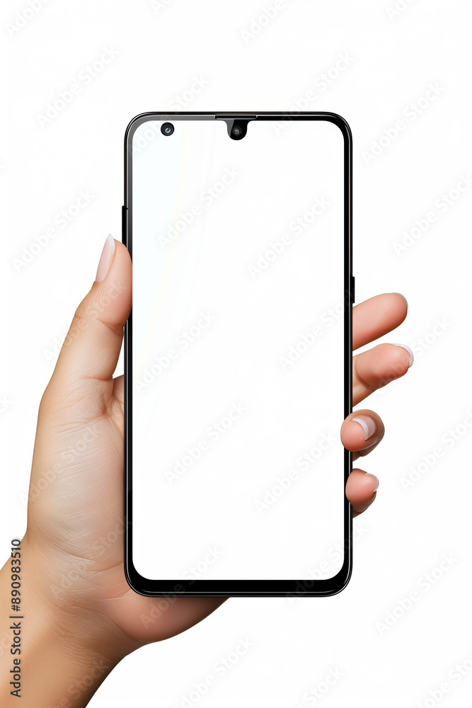 Hand Holding Smartphone with Blank Screen on White Background Hand Holding Smartphone with Blank Screen on White Background
