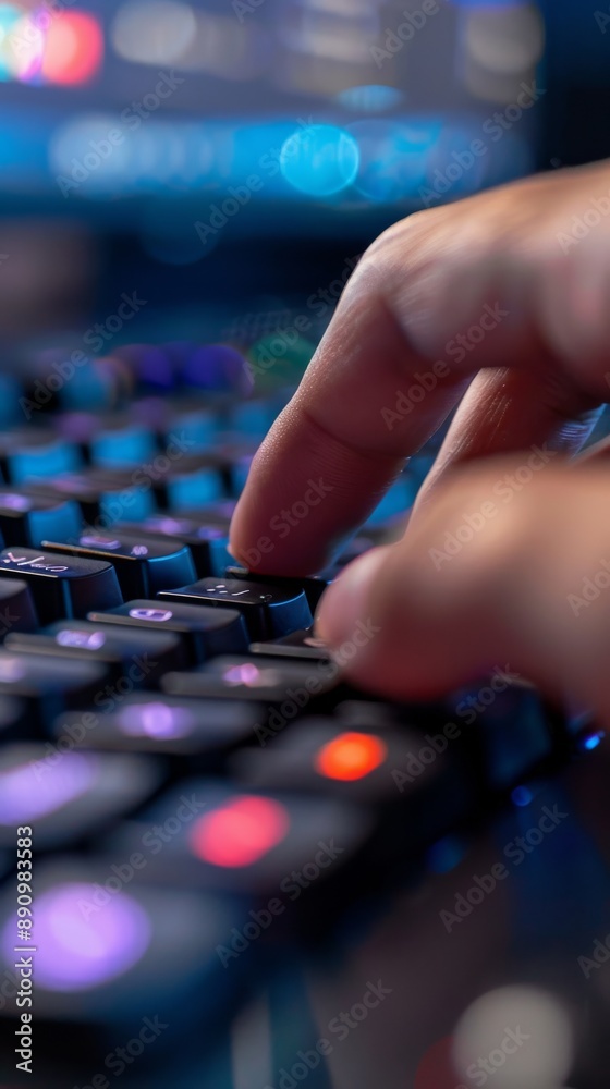 wide lens, close up of finger mashing a button on keyboard aggressively wide lens, close up of finger mashing a button on keyboard aggressively