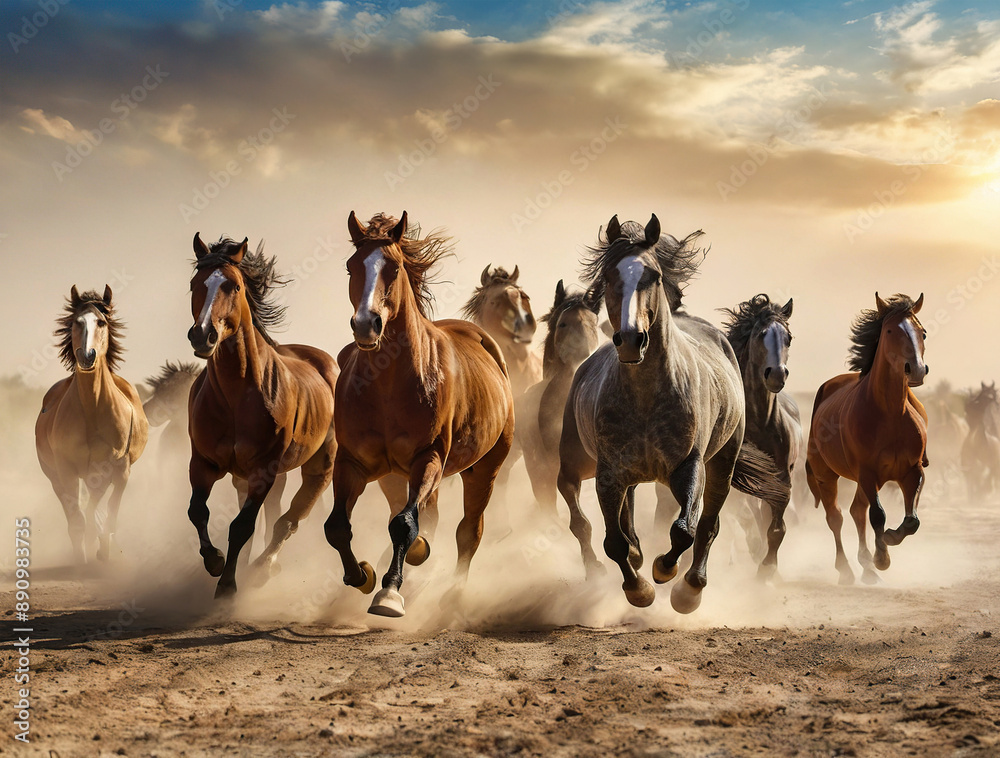 Obraz premium Modern painting, abstract, metal elements, texture background, animals, horses, 