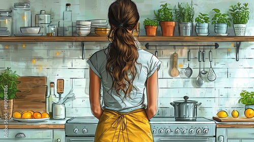 vector, illustration, The woman is cooking in the kitchen. Apron for cooking. Cozy kitchen with appliances and utensils photo