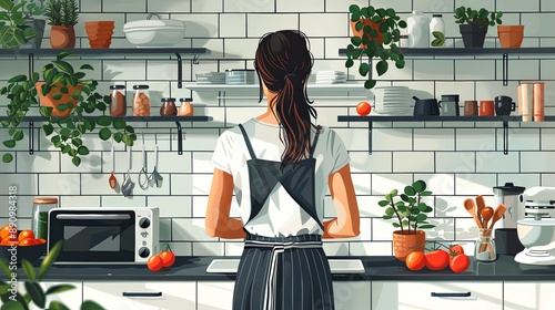 vector, illustration, The woman is cooking in the kitchen. Apron for cooking. Cozy kitchen with appliances and utensils photo