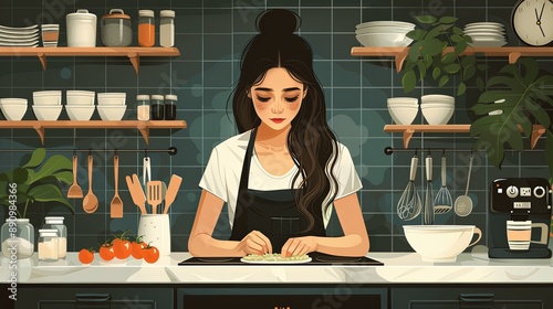 vector, illustration, The woman is cooking in the kitchen. Apron for cooking. Cozy kitchen with appliances and utensils photo