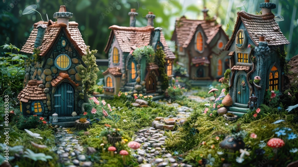 Fototapeta premium A grass lawn with a whimsical fairy garden featuring miniature houses and pathways.