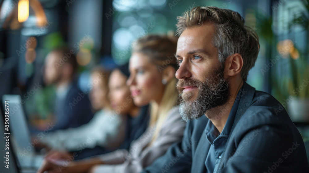 Obraz premium A bearded businessman attentively participating in an office meeting, surrounded by colleagues in a modern workspace.