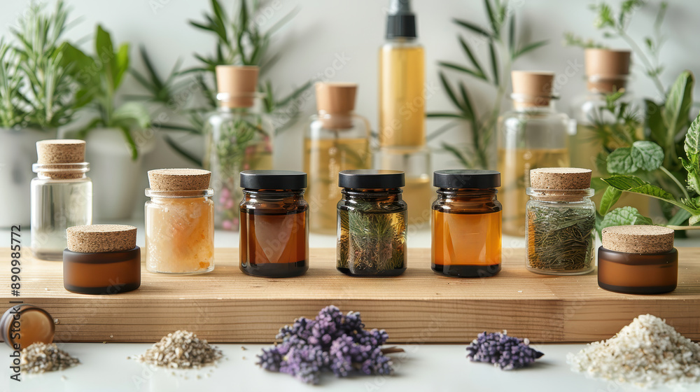 A variety of herbs and spices are displayed in small glass jars on a wooden table. 