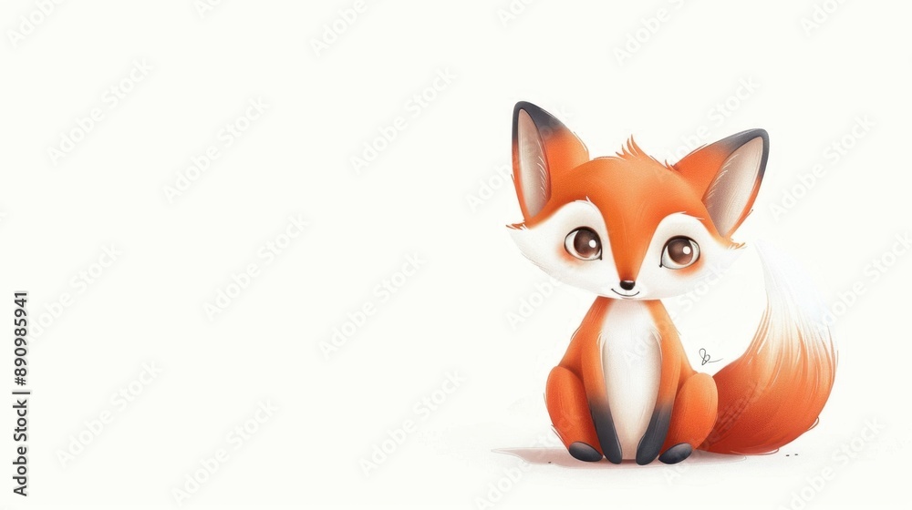 A charming, wide-eyed fox sitting playfully with its tail curled around its body on a clean white background, with subtle shadows giving a soft, hand-drawn feel A charming, wide-eyed fox sitting playfully with its tail curled around its body on a clean white background, with subtle shadows giving a soft, hand-drawn feel