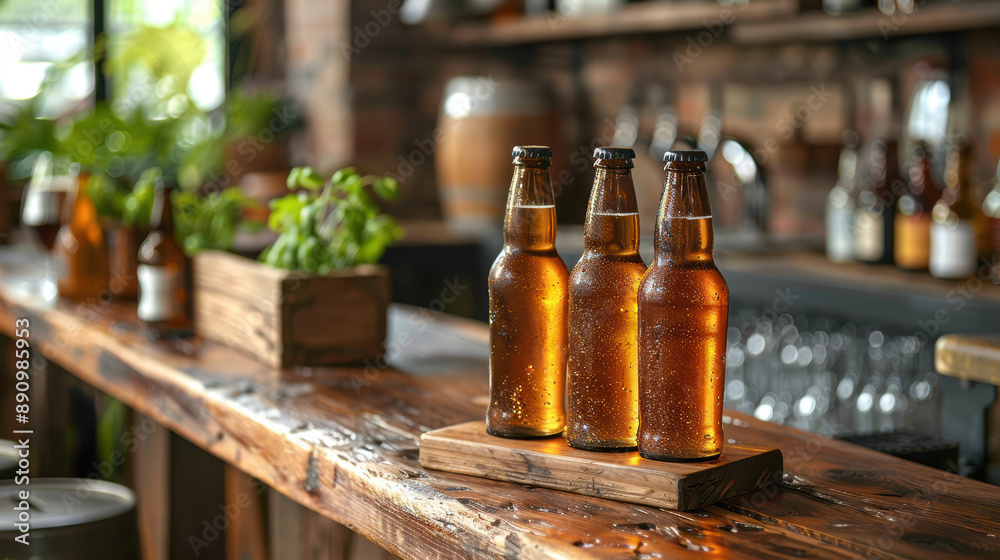 three bottles of beer on a wooden bar. The bottles are labeled IPA, Lager, and Stout. The bar is made of dark wood and has a rustic appearance. There is a green plant in the background. three bottles of beer on a wooden bar. The bottles are labeled IPA, Lager, and Stout. The bar is made of dark wood and has a rustic appearance. There is a green plant in the background.