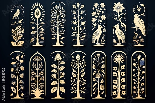 Block Print Woodblock Design vector, pattern, design, seamless, vintage, illustration, art, decoration, texture, wallpaper, frame, black, set, silhouette, animal, border, ornament, woodcut 