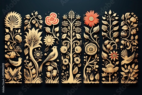 Block Print Woodblock Design vector, pattern, design, seamless, vintage, illustration, art, decoration, texture, wallpaper, frame, black, set, silhouette, animal, border, ornament, woodcut 