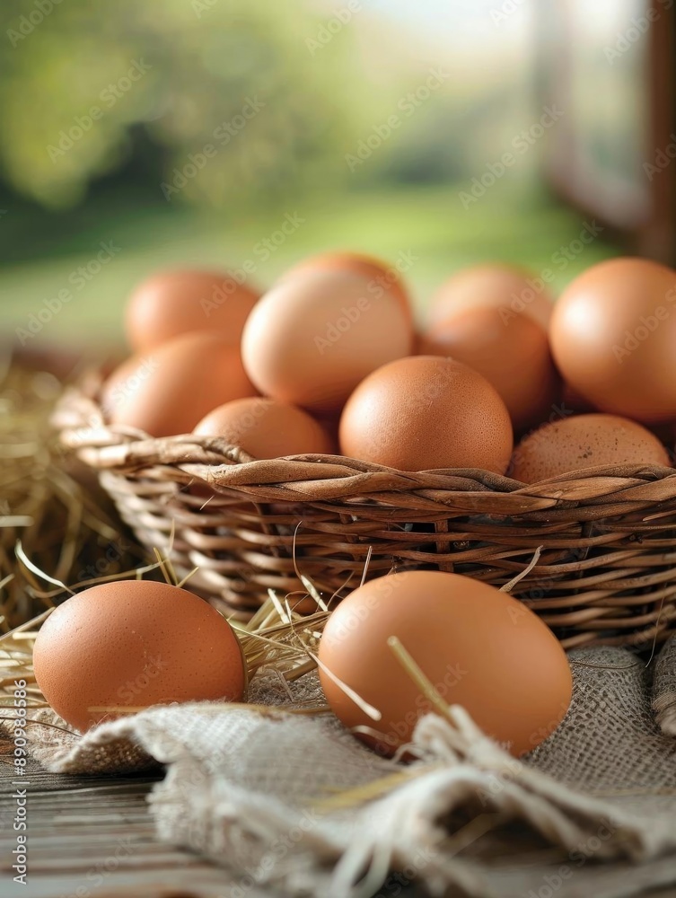 Fresh brown eggs in a woven basket, on a rustic wooden table with straw, ready for cooking or baking. Natural light enhances their freshness. Fresh brown eggs in a woven basket, on a rustic wooden table with straw, ready for cooking or baking. Natural light enhances their freshness.