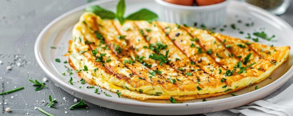 Golden omelette garnished with fresh herbs on a white plate, perfect for a delicious breakfast or brunch meal. Golden omelette garnished with fresh herbs on a white plate, perfect for a delicious breakfast or brunch meal.