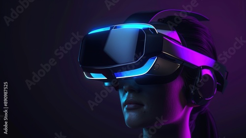 Virtual Reality (VR) Mockup Featuring a Sleek and Modern VR Headset with a User Immersed in a Dynamic Virtual Environment, Highlighting Cutting-Edge Technology and Engaging Digital Experience photo