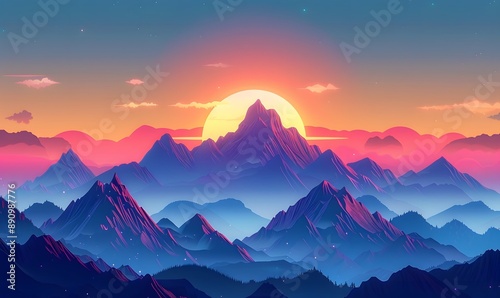 Minimalist cartoon illustration of a rugged mountain range with sharp peaks and valleys © Lucky Vision
