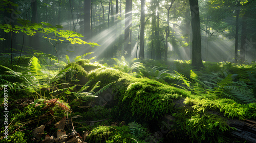 Enchanting Forest Scene with Budding Ferns and Moss-Covered Log  © Benjaporn