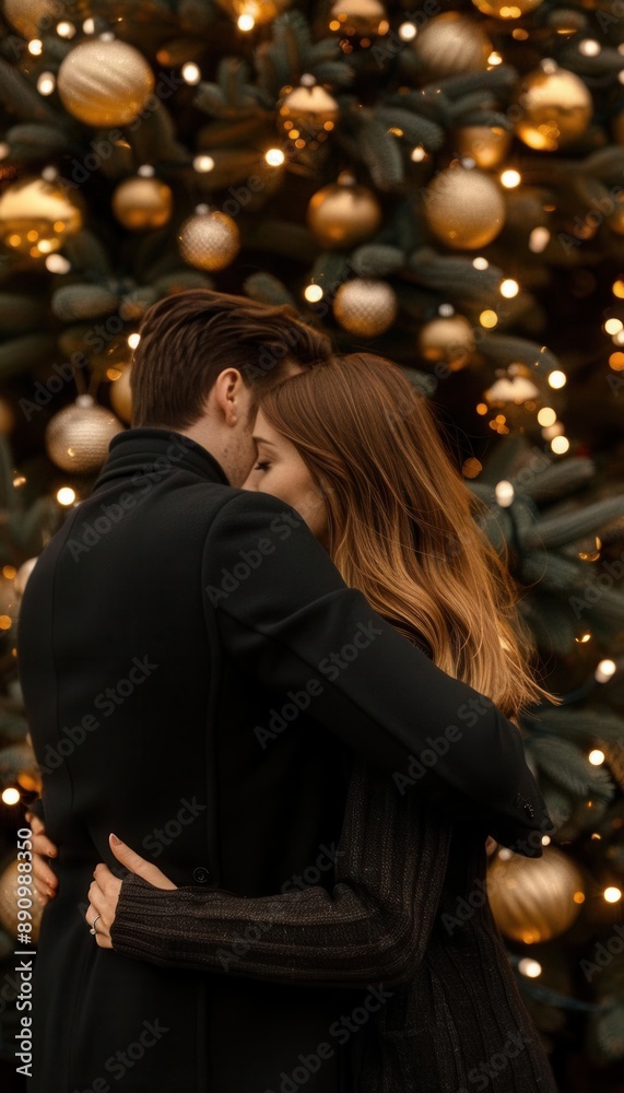 A couple sharing a warm embrace in front of a holiday tree, lights twinkling around them A couple sharing a warm embrace in front of a holiday tree, lights twinkling around them