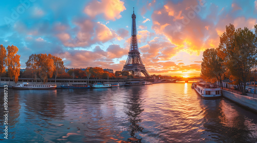 Eiffel Tower during sunset, with the sky painted in vibrant hues of orange and blue. The reflection of the sunset on the ground, travel, tourism, Paris, landmarks, olympic, sunsets