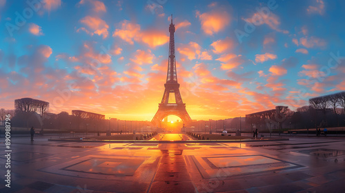 Eiffel Tower during sunset, with the sky painted in vibrant hues of orange and blue. The reflection of the sunset on the ground, travel, tourism, Paris, landmarks, olympic, sunsets