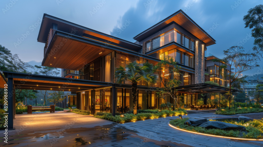 A stunning modern luxury house with illuminated landscaping at dusk, showcasing elegant architecture and serene surroundings. A stunning modern luxury house with illuminated landscaping at dusk, showcasing elegant architecture and serene surroundings.