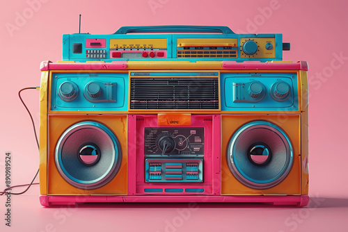 Colorful Retro Boombox 3D Render on Pink Background photo