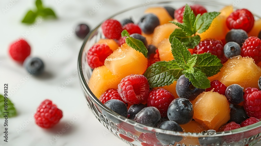 A colorful fruit salad in a glass bowl, vibrant mixed berries and melon chunks, fresh mint leaves, high resolution food photography, soft natural lighting, white marble tabletop. A colorful fruit salad in a glass bowl, vibrant mixed berries and melon chunks, fresh mint leaves, high resolution food photography, soft natural lighting, white marble tabletop.