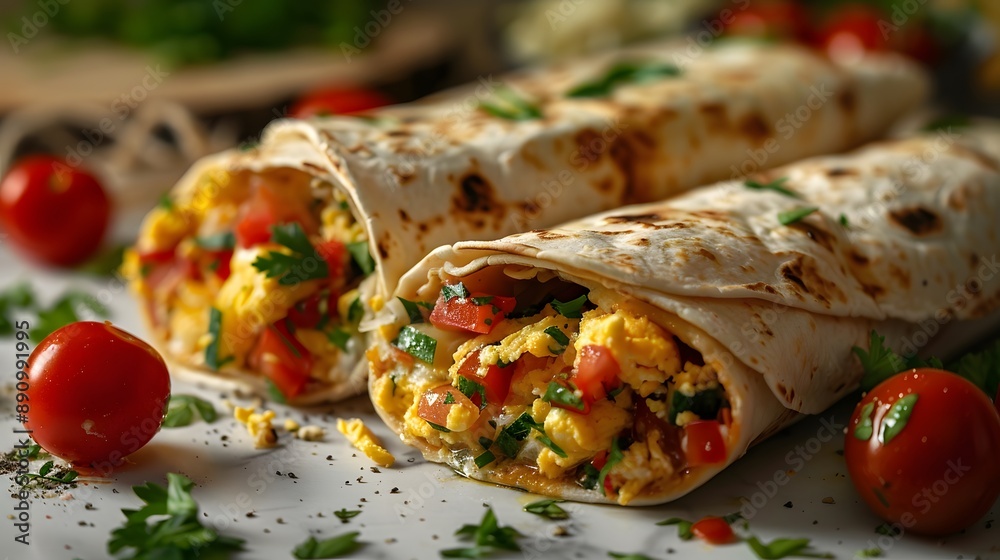 Breakfast burritos filled with scrambled eggs, vegetables, and cheese, wrapped in flour tortillas, cut in half, arranged on a white marble countertop, garnished with fresh parsley. Breakfast burritos filled with scrambled eggs, vegetables, and cheese, wrapped in flour tortillas, cut in half, arranged on a white marble countertop, garnished with fresh parsley.