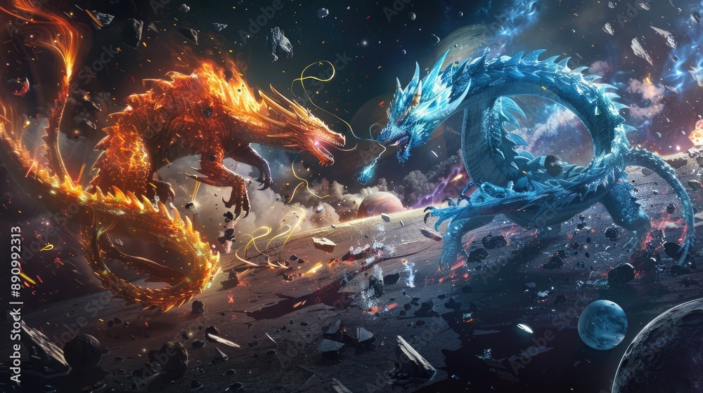 Obraz premium Celestial dragons of fire and ice clashing in a cosmic battlefield amidst the remnants of shattered planets and celestial debris.