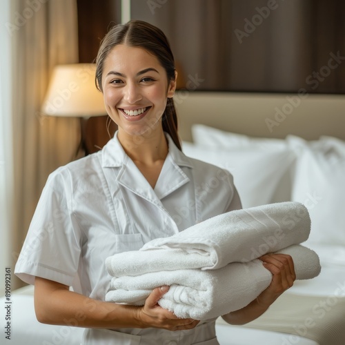 Smiling Hotel Housekeeper Holding Clean Towels in a Modern Room