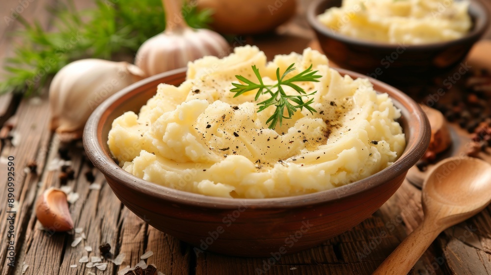 Mashed Potatoes on a wooden table, front view shot Mashed Potatoes on a wooden table, front view shot