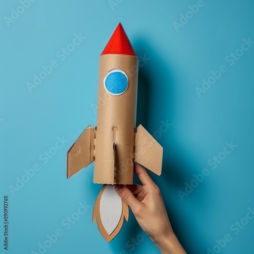Cardboard Rocket Craft Project Against Blue Background