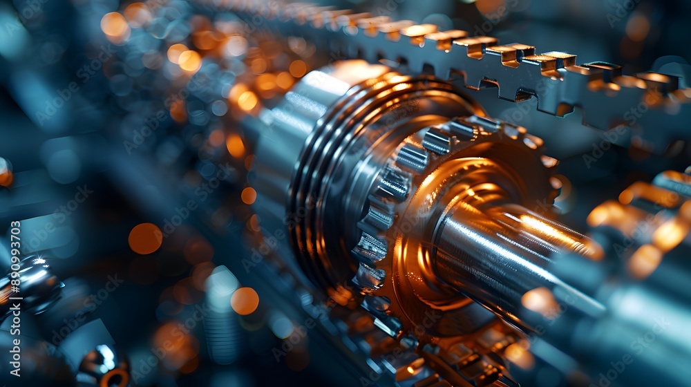 Mechanical parts, precision engineering, chrome metal components, industrial machinery, high resolution, sharp focus, bright lighting, reflective surfaces, intricate details.