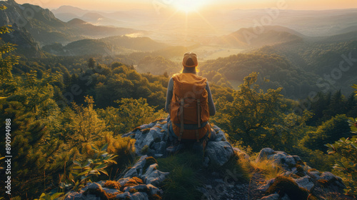 A hiker with a backpack sits on a rocky outcrop, watching the sunrise over a vast, green mountain landscape, reflecting tranquility and adventure. © khonkangrua
