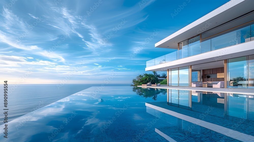 Fototapeta premium Modern luxury villa at dawn, infinity pool reflecting soft morning light, minimalist architecture with glass facades, clean lines and overhanging balconies, tranquil ocean view.