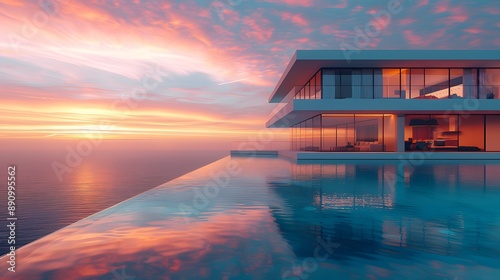 Modern luxury villa at dawn, infinity pool reflecting soft morning light, minimalist architecture with glass facades, clean lines and overhanging balconies, tranquil ocean view.