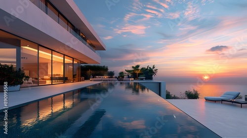 Modern luxury villa at dawn, infinity pool reflecting soft morning light, minimalist architecture with glass facades, clean lines and overhanging balconies, tranquil ocean view.