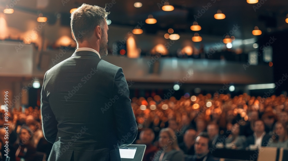 Professional speaker at a digital marketing conference with a large audience Professional speaker at a digital marketing conference with a large audience
