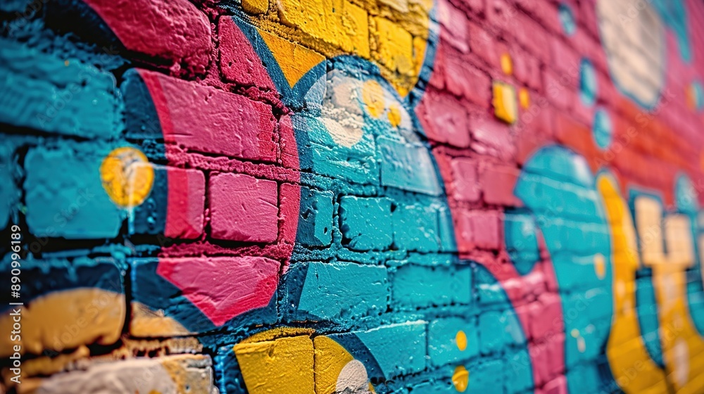 Brick Wall Graffiti with Blue, Yellow, and Pink Brick Wall Graffiti with Blue, Yellow, and Pink