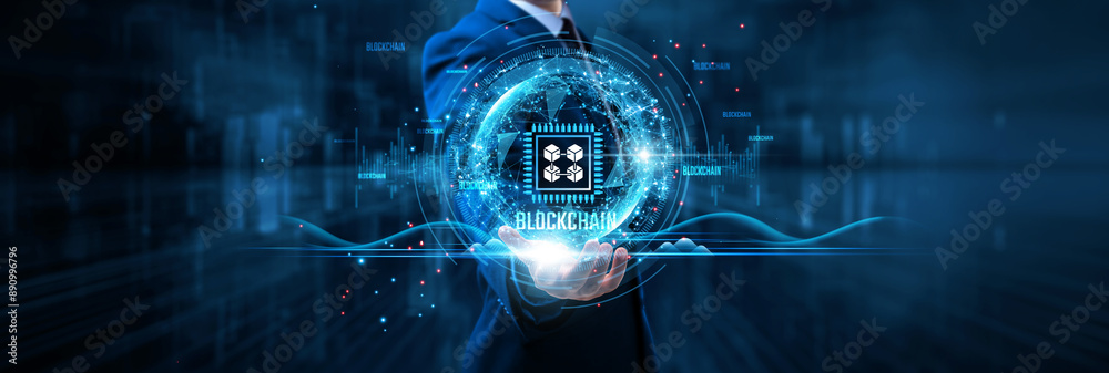 Fototapeta premium Blockchain, businessman holds blockchain on global structure network and decentralized transactions, secure data sharing, smart contracts.