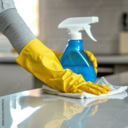 Person Wearing Yellow Gloves Cleaning a Kitchen Counter With a White Cloth and a Blue Spray Bottle