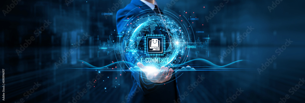 E-commerce: Businessman holds e-commerce on global structure network and digital transactions, online retail, secure payment gateways, customer engagement. E-commerce: Businessman holds e-commerce on global structure network and digital transactions, online retail, secure payment gateways, customer engagement.