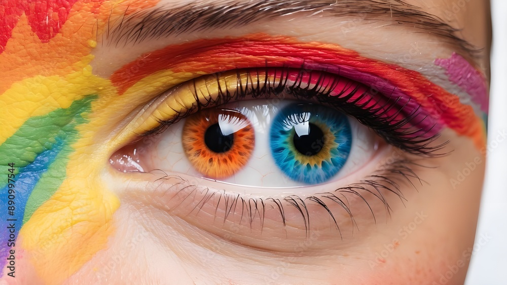 Close-up of a rainbow woman's multicolored eye isolated on a panoramic white background with web banner, gay LGBTQ pride concept header, copy-space, and colorful vision Close-up of a rainbow woman's multicolored eye isolated on a panoramic white background with web banner, gay LGBTQ pride concept header, copy-space, and colorful vision