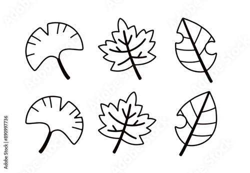 線画の紅葉のイラストセット。黒い線で描いたイチョウやカエデなど、秋の木の葉の素材。