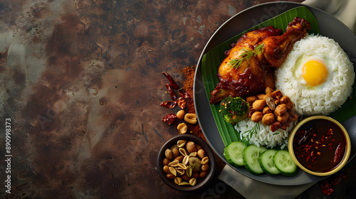 Traditional Nasi Lemak with Sambal, Egg, and Fried Anchovies with dark brown background and copy space