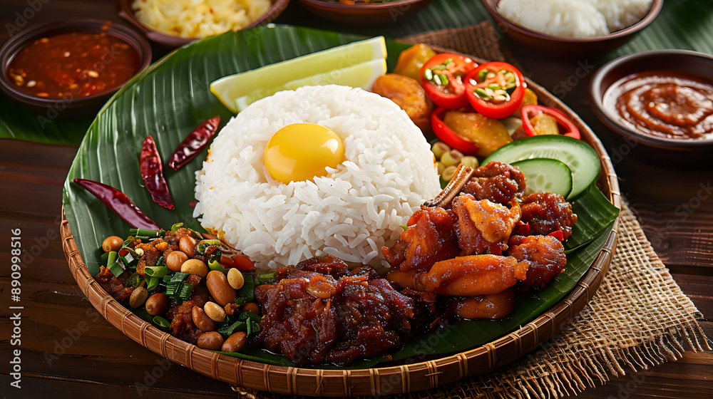 Traditional Nasi Lemak with Sambal, Egg, and Fried Anchovies Traditional Nasi Lemak with Sambal, Egg, and Fried Anchovies