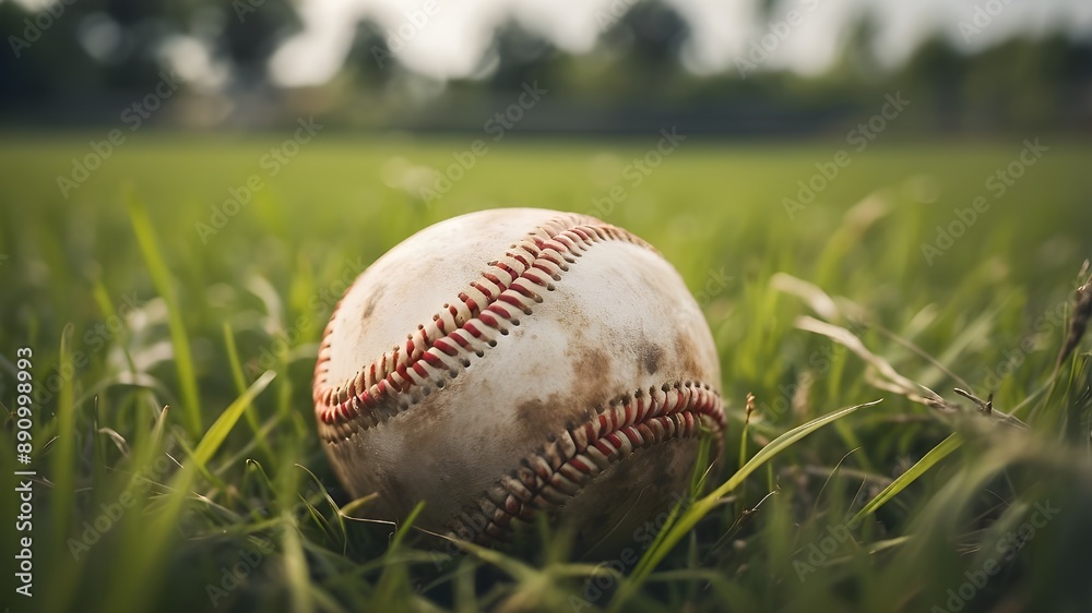Close picture of a baseball in the grass, baseball sport practice in summer 