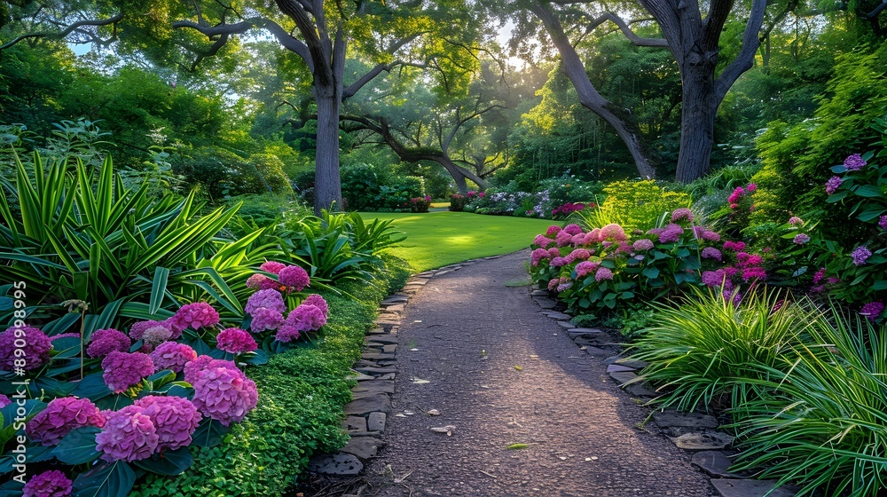 Fototapeta premium Vibrant botanical garden, lush colorful foliage, bright pink hydrangeas, ornamental grasses, large-leafed tropical plants, dappled sunlight through trees, stone pathway.