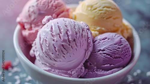 Vibrant scoops of ice cream, multicolored flavors, ceramic white bowl, creamy texture, swirls of pastel hues, strawberry pink, mint green, lavender purple, mango yellow.