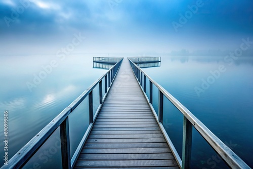 Raised walkway over calm water in thick fog, atmospheric, mist, fog, serene, bridge