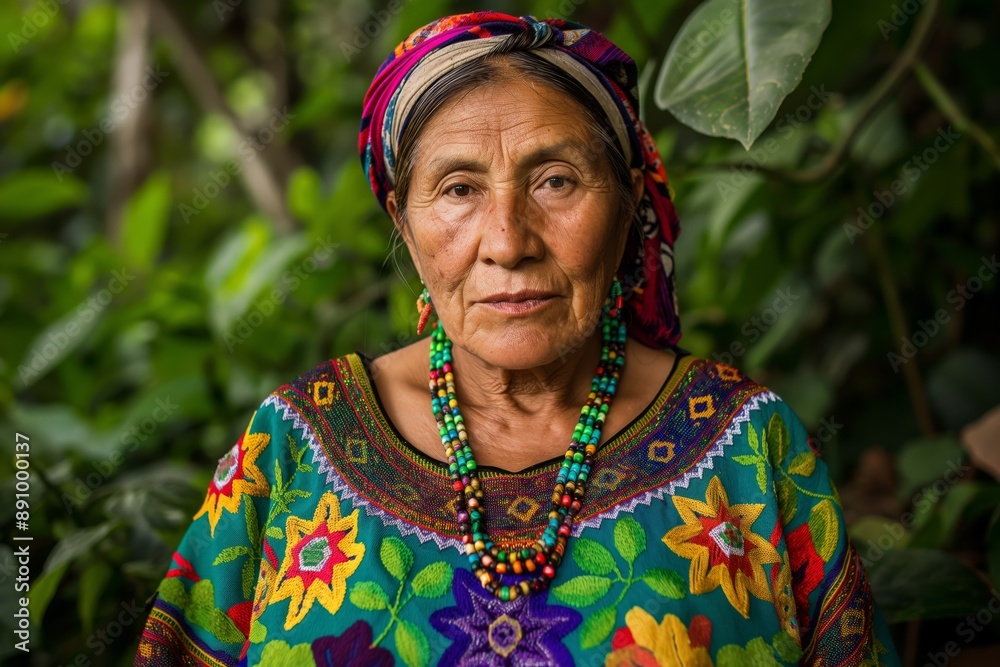 Portrait of a woman of indigenous Mayan jungle traditions and culture. Indigenous woman in traditional clothes among the jungle foliage.