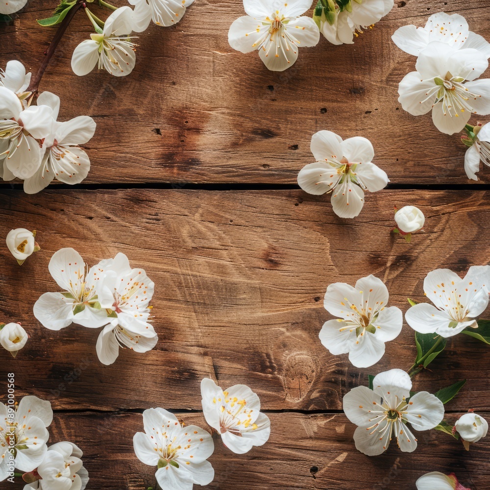 White Cherry Blossoms on Brown Wooden Plank Background White Cherry Blossoms on Brown Wooden Plank Background